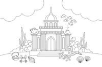 An underwater palace made of amber blocks with fish swimming around – Lietuviškos pasakos coloring page