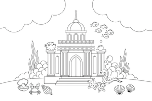 An underwater palace made of amber blocks with fish swimming around – Lietuviškos pasakos coloring page
