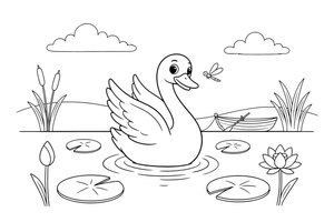 A swan on a lake with lily pads – Elegant Swan Bird coloring page