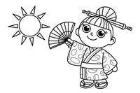 A girl in a Japanese kimono holding a paper fan – Cultures coloring page
