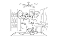 A child sitting in a big salon chair with a cape on, getting a haircut – Hair Salon coloring page
