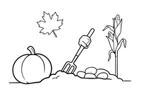 Hands holding a fork turning over potatoes in the dirt – Autumn Harvest coloring page