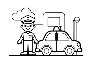 A police officer next to a police car – Busy Job Workers coloring page