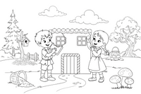 Hansel and Gretel nibbling a piece of the gingerbread wall – Hansel and Gretel Story coloring page