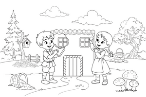 Hansel and Gretel nibbling a piece of the gingerbread wall – Hansel and Gretel Story coloring page