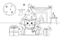 A cat peeking out from under a Christmas tree – Christmas tree coloring page