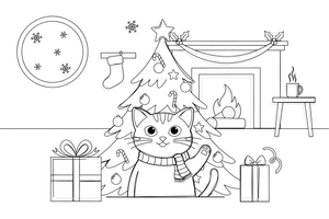 A cat peeking out from under a Christmas tree – Christmas tree coloring page