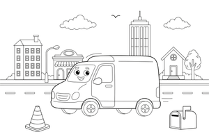 A delivery van driving down the street – City City Vehicles coloring page