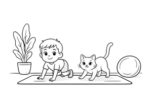 A child doing cat pose next to a real cat copying it – Yoga coloring page