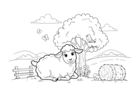 A sheep resting under a tree – Sheep coloring page