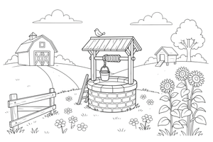 A farmhouse well with a bucket – Farmhouse coloring page