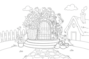 A cottage doorstep with a basket of flowers – Cottages coloring page