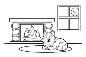 Husky napping by a warm fireplace – Husky Dog Playtime coloring page