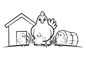 A chicken with three little chicks – Chicken Family Life coloring page
