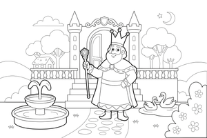 A king holding a scepter, standing at the top of the palace steps – Enchanted Magic Folk Fairytale Characters coloring page