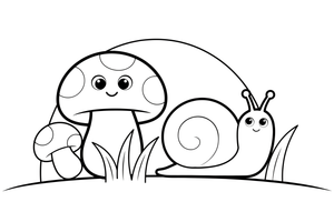 A mushroom with grass and a snail beside it – Mushroom Garden coloring page