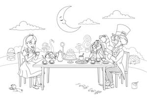 A funny tea party with a long table full of teapots and cups – Alice in Wonderland Story coloring page