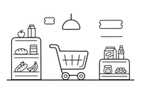 A supermarket with shelves and a shopping cart – Vibrant City Places coloring page