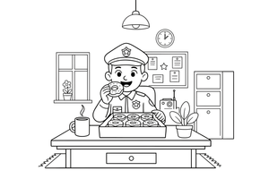 A police officer at a desk with a box of donuts – Glazed Donut Sweets coloring page