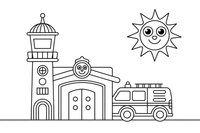 A fire station with a tall watchtower – Fire Station coloring page
