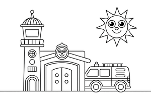A fire station with a tall watchtower – Fire Station coloring page