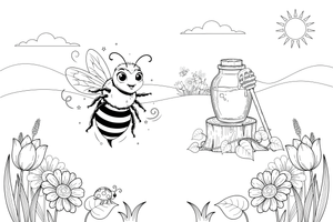 A bee by a jar of honey – Bee coloring page
