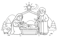 A little nativity scene with baby Jesus in the hay and a star above – Christmas Eve coloring page