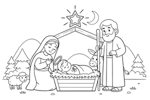 A little nativity scene with baby Jesus in the hay and a star above – Christmas Eve coloring page