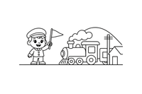 A conductor waving a flag as the train departs – Travel & Journeys Place coloring page