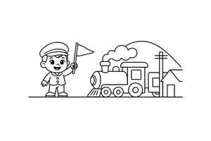 A conductor waving a flag as the train departs – Travel & Journeys Place coloring page