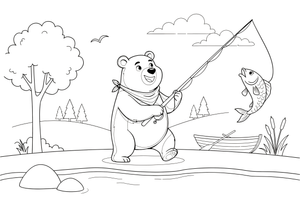 A bear catching a fish in a river – Bear Adventures coloring page