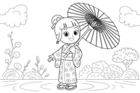 A girl in a Japanese kimono holding a paper fan – Cultures coloring page