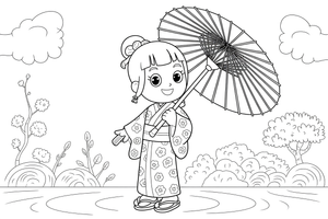 A girl in a Japanese kimono holding a paper fan – Cultures coloring page