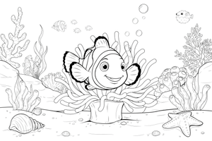 A clownfish hiding among the anemone tentacles – Fishes coloring page