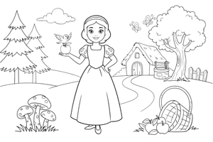 A kind princess with short dark hair and a gentle smile – Snow White Story coloring page