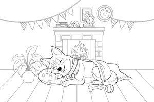 Husky napping by a warm fireplace – Husky Dog Playtime coloring page