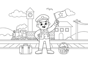 A conductor waving a flag as the train departs – Travel & Journeys Place coloring page