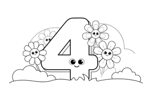 Number 4 with four flowers – Number 3 Learning coloring page