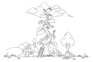 A giant beanstalk growing up into the clouds with big leaves – Jack and the Beanstalk Story coloring page