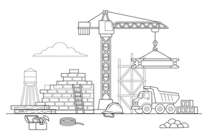 A tall crane lifting a heavy beam – Construction Vehicles coloring page