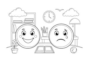 One round face with a big smile next to another round face with a frown and a tear – Opposite Concepts coloring page