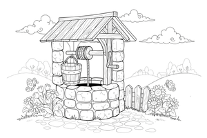 A farmhouse well with a bucket – Farmhouse coloring page