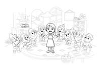 A girl and seven little dwarfs in a cozy cottage – Fairytale Stories coloring page