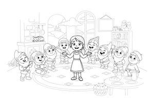 A girl and seven little dwarfs in a cozy cottage – Fairytale Stories coloring page
