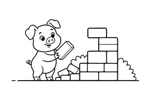 A pig laying bricks to build a strong house close up – The Three Little Pigs Story coloring page