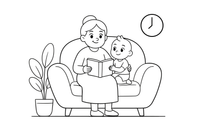 Grandma reading a storybook to a child on her lap – Cherished Grandparent Family coloring page