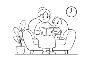 Grandma reading a storybook to a child on her lap – Cherished Grandparent Family coloring page