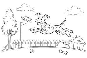 A Dalmatian jumping to catch a frisbee – Dalmatian coloring page