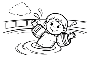 A kid wearing arm floaties in the pool – Dynamic Swimming Swimmers coloring page