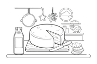 A round wheel of cheese with a slice cut out – Creamy Dairy Delights coloring page